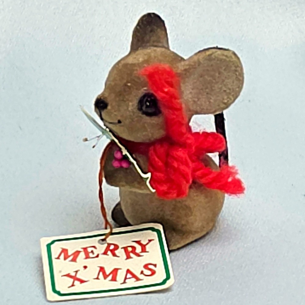 Vintage Flocked Christmas Mouse Ornament Brown Fuzzy Figurine Merry XMas Tag